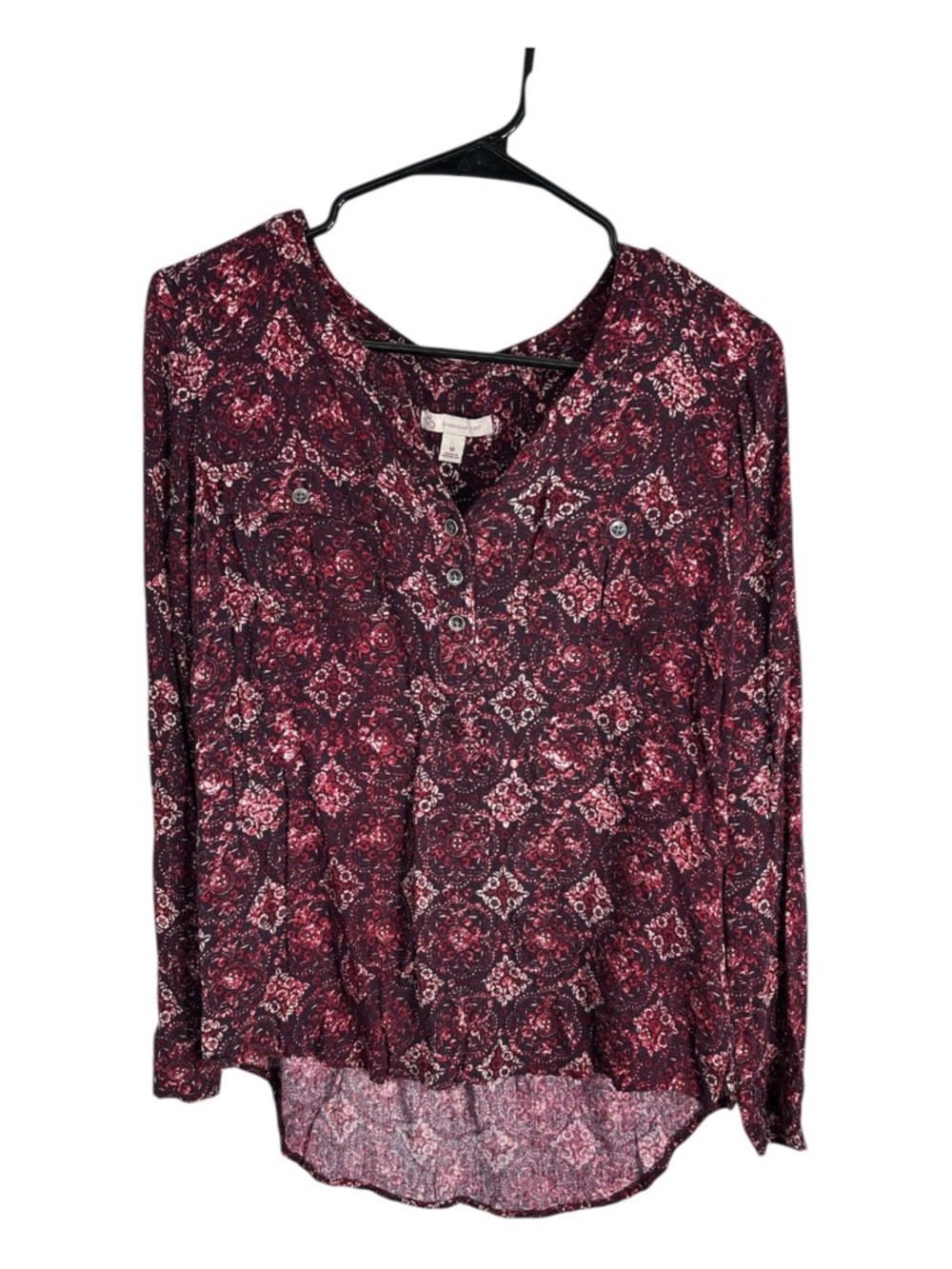 Dress Barn Burgundy Paisley Button-Front Long Sleeve Boho Top Size M